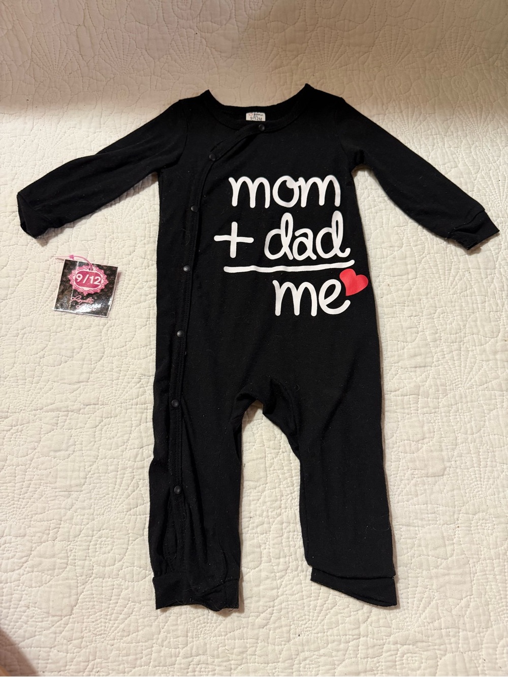 PatPat Black "mom + dad = me" Footed One-Piece with Red Heart